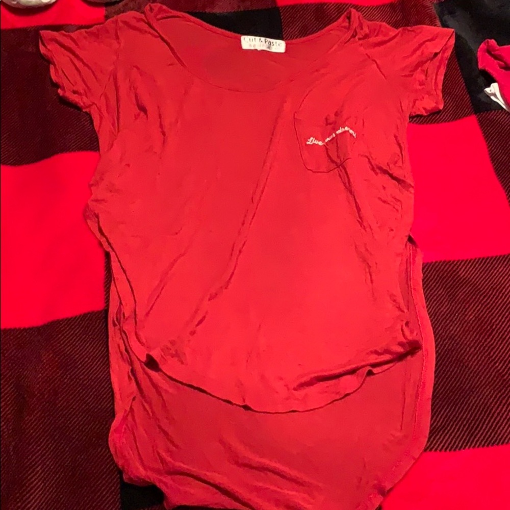 All red t shirt. Side pocket